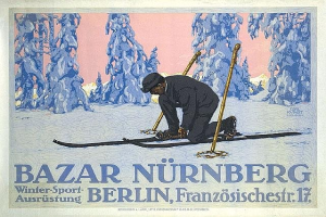 Plakat, das das Bazar Nürnberg Winter Sport in Berlin, Deutschland bewirbt, mit einer Person, die Ski fährt, und Bäumen im Hintergrund sowie Text auf dem Plakat.