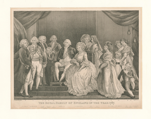 Eine Gruppe von Menschen, einschließlich der königlichen Familie Englands, die auf einer Treppe vor einer Vorhangwand im Jahr 1787 stehen und sitzen, mit Text unten.