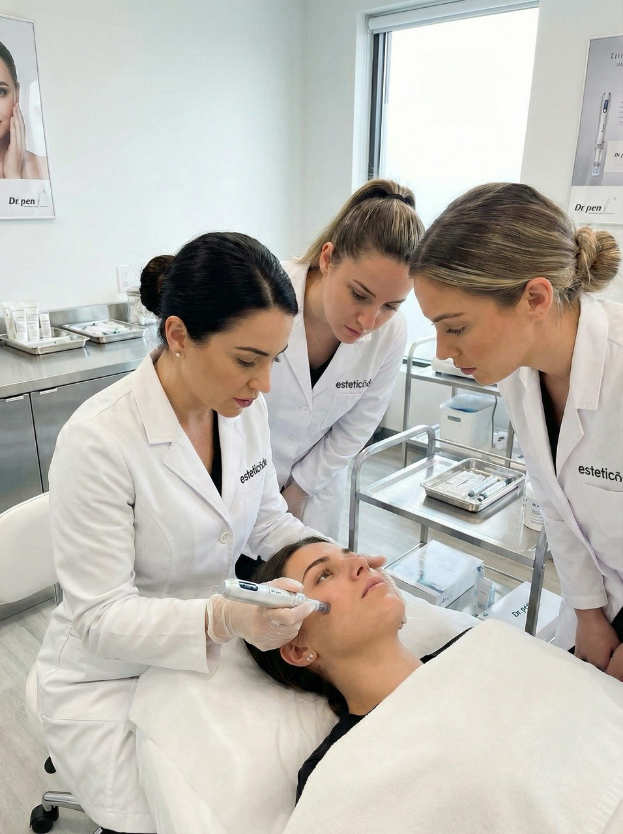 Eine hochmoderne Kosmetikpraxis: Drei Fachkräfte in professioneller Kleidung führen konzentriert eine Gesichtsbehandlung durch. Die Atmosphäre strahlt Präzision und Expertise aus, während fortschrittliche Hautpflege-Technologien in einer klinisch reinen Umgebung zum Einsatz kommen.