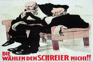 Deutsches Propagandaplakat für die NSDAP mit zwei männlichen Personen auf einem Sofa.