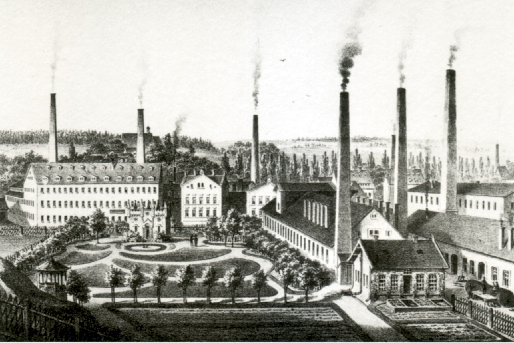 Schwarz-weiß-Zeichnung einer Fabrik mit Rauch aus Schornsteinen, umgeben von Gebäuden, Bäumen, Pflanzen, Gras und einem Zaun, beschriftet mit "New York State Penitentiary" unten.