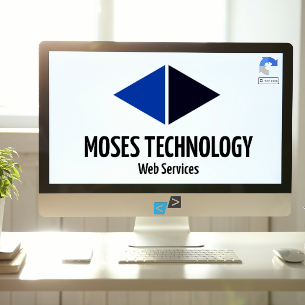 Desktop-Computer-Setup auf einem Schreibtisch in der Nähe eines Fensters, das einen Monitor mit der Anzeige "Moses Technology Web Services", eine Tastatur, eine Maus, ein Mobiltelefon, Bücher und eine Topfpflanze zeigt.
