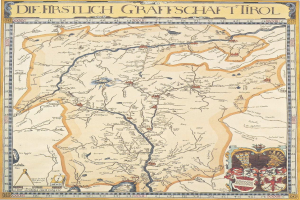 Plakat einer historischen Landkarte der ersten Grafschaft Tirol mit geographischen Merkmalen wie Flüssen, Bergen und Städten sowie begleitendem Text über die Region.