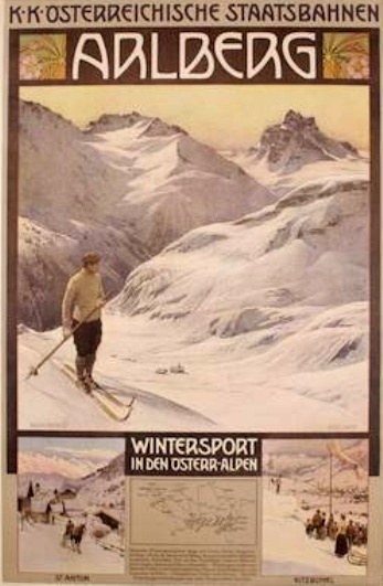 Ein Plakat, das einen Wintersport in den österreichischen Alpen bewirbt, zeigt eine Person auf Skiern umgeben von Bildern von Menschen und Bergen mit Text.