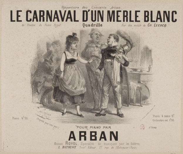 Eine Zeichnung eines Mannes und einer Frau in traditioneller Kleidung vor einer KarnevalsSzene, mit dem Text "le carnaval d'un merle blanc" auf dem Papier.