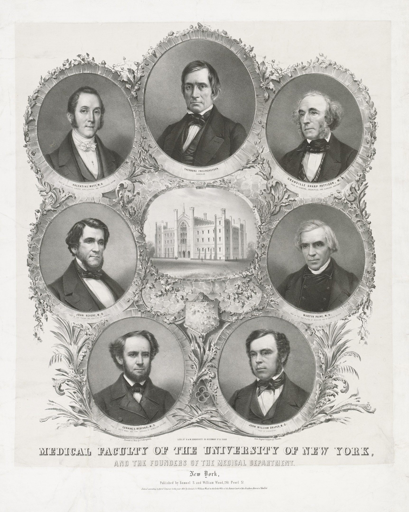 Schwarzes und weißes Foto von formell gekleideten Männern, die vor einem Gebäude stehen, mit Text unten, der "Medizinische Fakultät der Universität New York und die Gründer der medizinischen Abteilung" lautet.