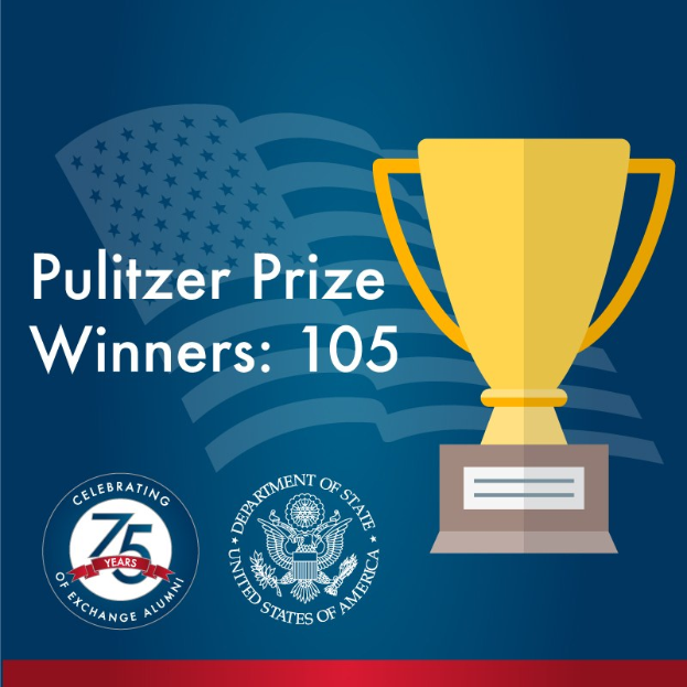 Ein Plakat mit der überschrift "Pulitzer-Preis-Gewinner 105", das ein zentrales Pokalsymbol und Text und Logos zeigt.