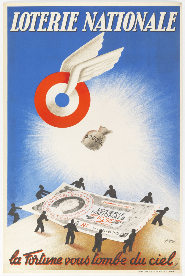 Ein Plakat für eine nationale Lotterie mit einem Vogel, der über einen Geldhaufen fliegt, und Text, der die Lotterie und ihre Vorteile beschreibt.