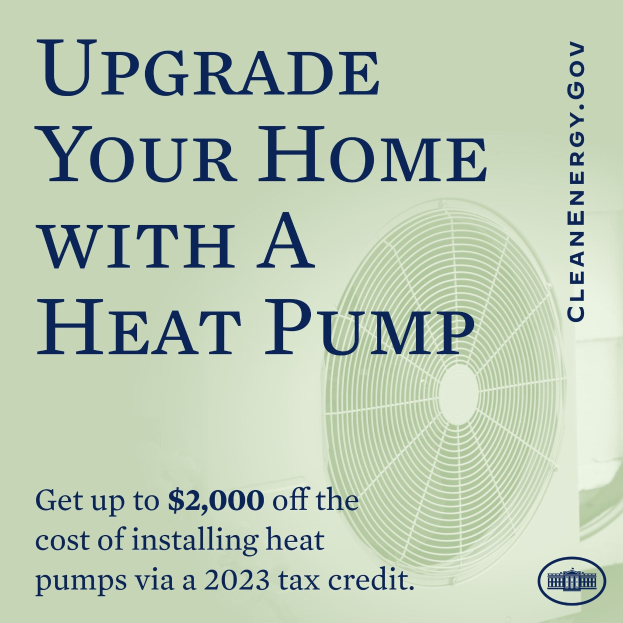 Plakat zur Ankündigung von Heizpumpen-Upgrades, das ein Bild einer Heizpumpe und den Text "Upgrade Your Home with a Heat Pump" zeigt.