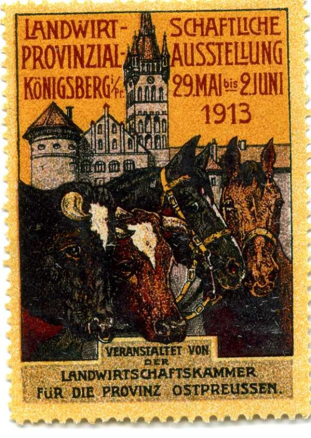 Deutsche Briefmarke aus dem Jahr 1913 mit drei Kühen und einem Schloss sowie der Aufschrift "Landwirtschaftskammer"