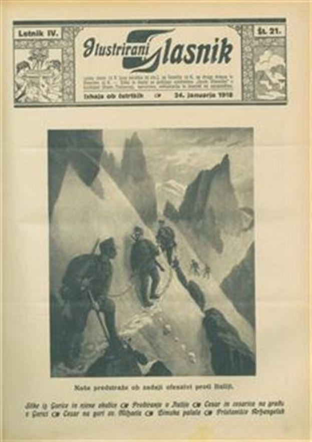 Schwarz-weißes Bild einer alten Zeitung mit der Überschrift "Glasnik, Januar 1918", das eine Gruppe von Menschen mit Rucksäcken zeigt, die einen Berg erklimmen.