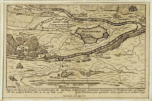 Detailierte alte Karte von Augsburg, Deutschland, mit Text oben und unten, die Straßen, Gebäude und andere Merkmale zeigt.