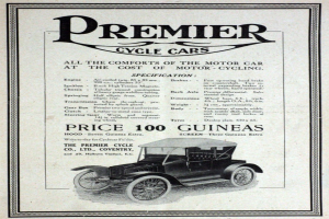 Werbeposter für Premier Cycle Cars mit einem klassischen schwarzen Auto mit schlankem Design und weißer Schrift.