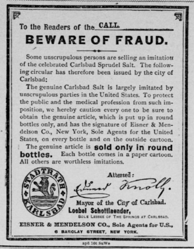 Schwarz-weißes Plakat mit Betrugswarnung und dem Text "Carlsbad Spruud Salt" sowie einem dazugehörigen Logo.