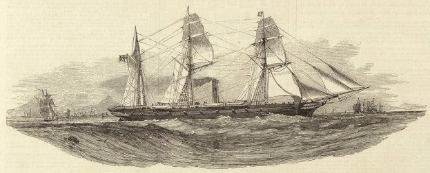 Gravur eines Segelschiffs mit geblähten Segeln, das auf dem Meer segelt, andere Schiffe im Hintergrund sichtbar, detaillierter Rumpf im Sonnenlicht glänzend, mit Text unten.