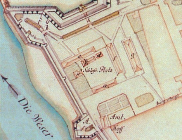 Detailierte alte Stadtkarte mit Straßen, Gebäuden und einem Haus.