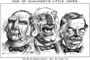 Plakat mit der Aufschrift "Einer von Chaunceys kleinen Witzen" mit einer Zeichnung von drei lachenden Menschen.