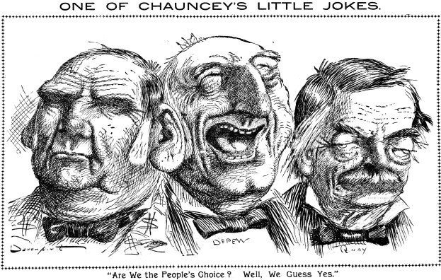 Plakat mit der Aufschrift "Einer von Chaunceys kleinen Witzen" mit einer Zeichnung von drei lachenden Menschen.