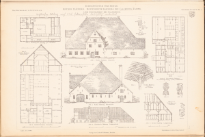 Altes Buch mit einer Hausillustration auf dem Cover, enthaltend detaillierte Architekturpläne und Text.
