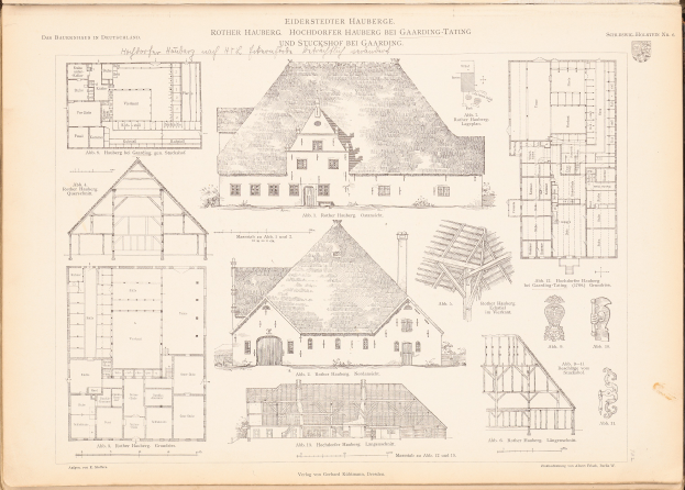 Altes Buch mit einer Hausillustration auf dem Cover, enthaltend detaillierte Architekturpläne und Text.