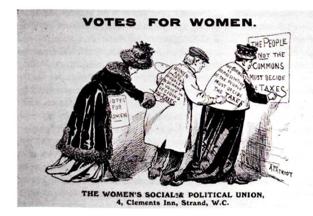 Cartoon of three women in traditional clothing holding a paper reading "Votes for Women: The Women's Social & Political Union" against a light blue sky with white clouds.