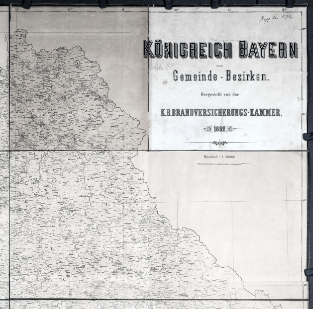 Eine detaillierte Schwarz-Weiß-Karte von Konigreich Bayern, Deutschland, die geografische Merkmale wie Flüsse, Berge und Städte zeigt.
