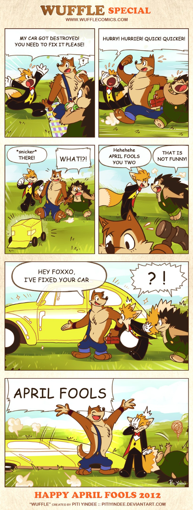 Comicstrip-Plakat mit der Überschrift "Aprilscherz", das einen Cartoon-Mann und -Frau in einer Diskussion vor einem hellblauen Himmel mit weißen Wolken zeigt, wobei einer der beiden gestikuliert.