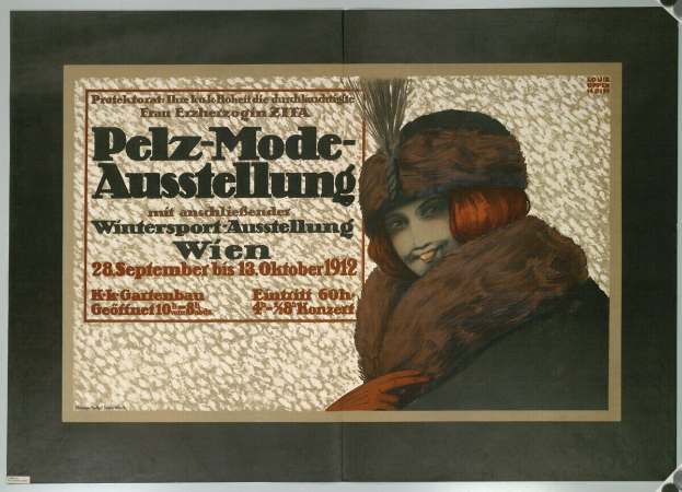 Ein Plakat, das ein Winter-Sportevent in Wien, Österreich, bewirbt, mit einem lachenden Frau im Pelzmantel und Hut sowie Eventdetails im Text.