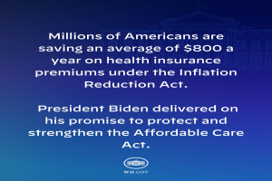 Ein blauer Hintergrund mit weißer Schrift, die besagt "Millionen von Amerikanern sparen durchschnittlich 800 Dollar im Jahr bei den Gesundheitsversicherungsprämien thanks to the Inflation Reduction Act" und ein Logo.