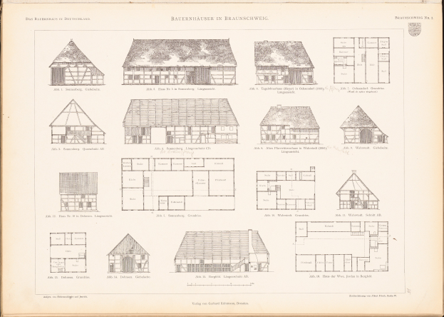 Ein offenes altes Buch mit architektonischen Hausplänen und Zeichnungen auf einer Seite, mit begleitendem Text, der die Entwürfe beschreibt.