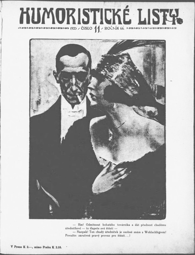 Schwarz-weißes Magazin-Cover mit der überschrift 'Humoristische Liste', das einen Mann im Anzug mit ernster Miene und eine Frau zeigt, die verschmitzt in eine andere Richtung schaut.