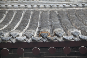 Nahaufnahme eines gekachelten Daches mit detaillierten Mustern auf einem Gebäude.